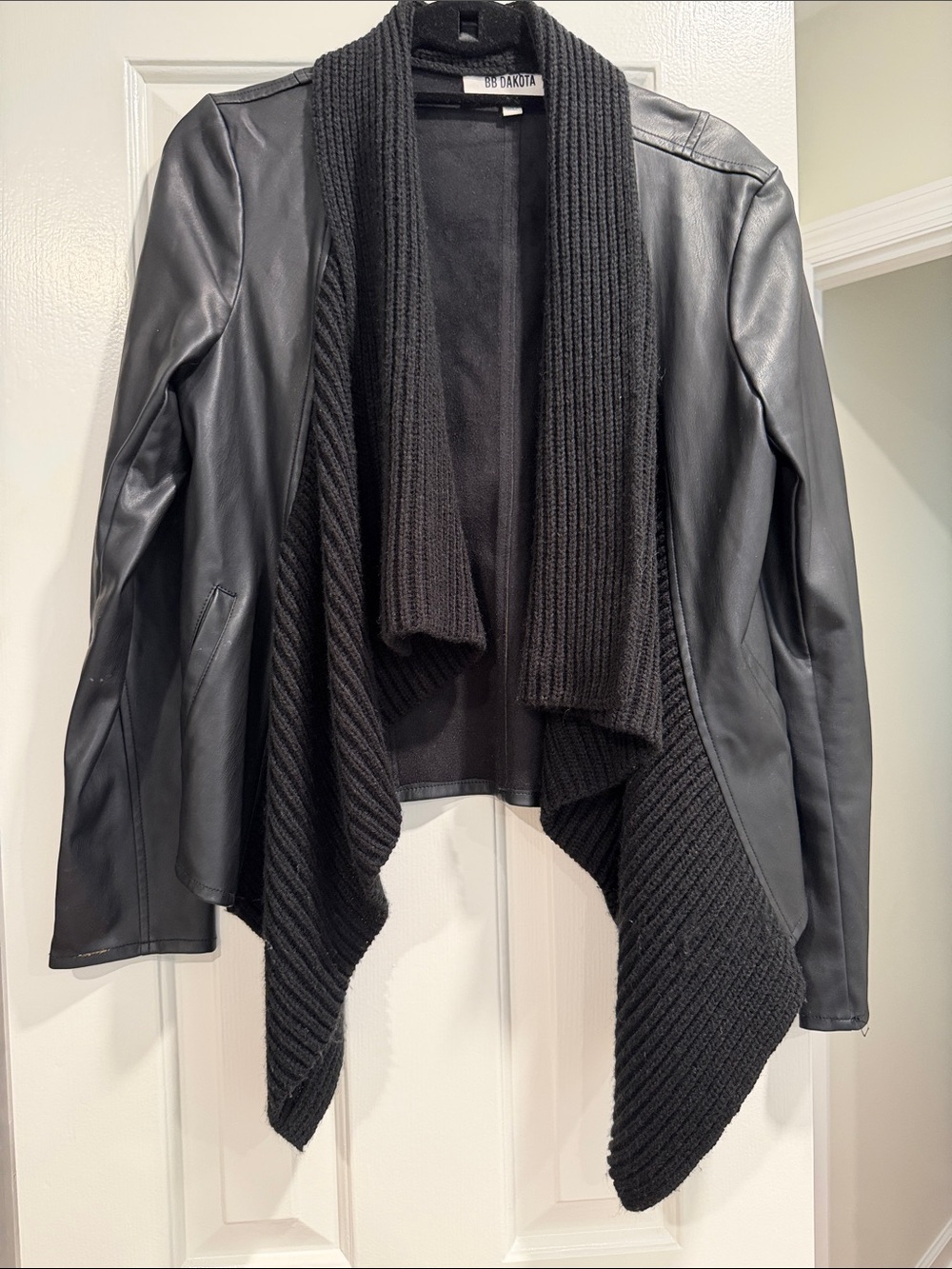 BB Dakota Black Faux Leather & Knit Draped Jacket